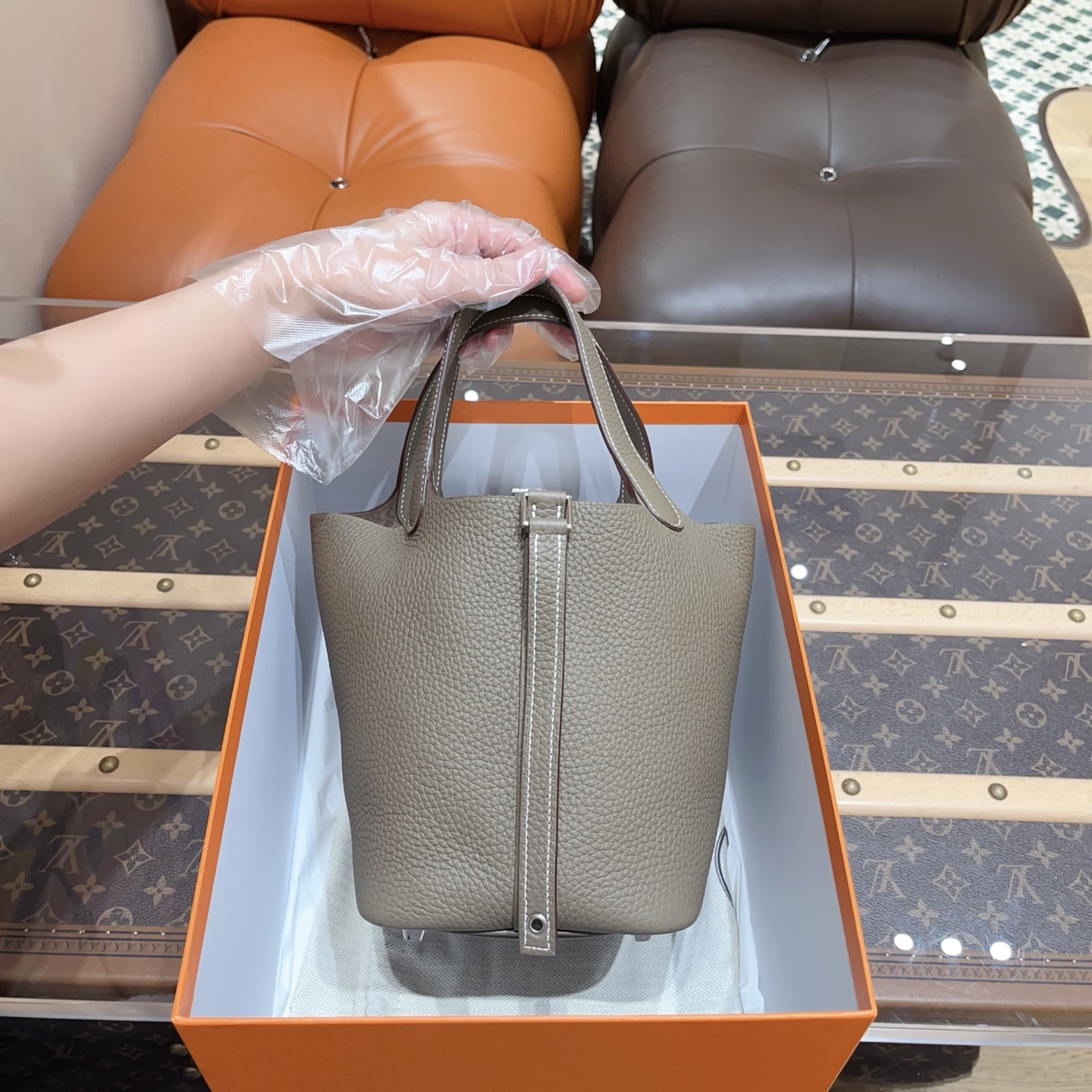 99新 Hermes/爱马仕 菜篮子水桶18 大象灰银扣 Tc皮 K刻！