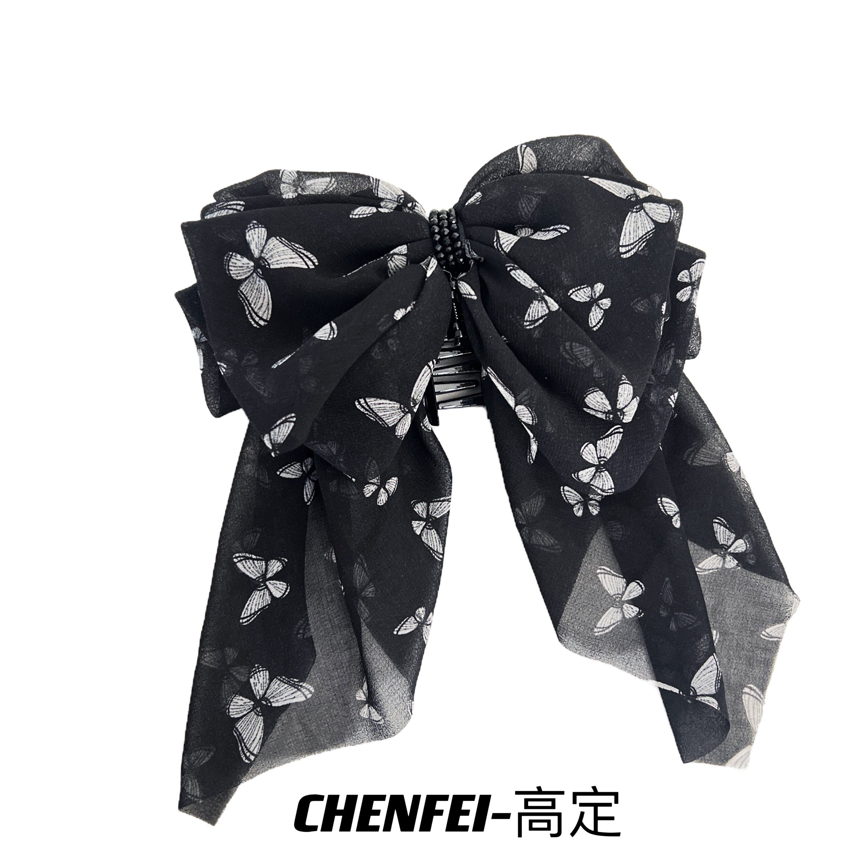 高级感印花雪纺蝴蝶结马尾抓夹后脑勺百搭气质半扎发夹2181