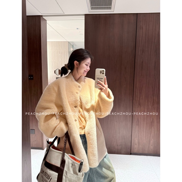 PEACHZHOU 100羊毛'冬日奶酪'绒感暗门襟宽松廓形立领毛呢外套