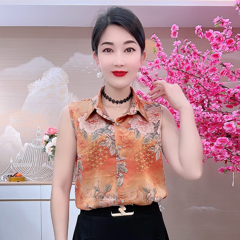 23163牡丹花打底衬衣夏季时尚百搭印花碎花衬衫洋气宽松大码衬衣