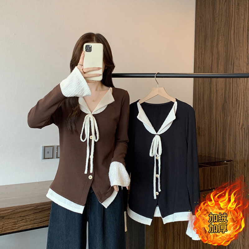 时尚撞色假两件加绒T恤保暖长袖上衣小众2025秋冬新款胖mm大码女