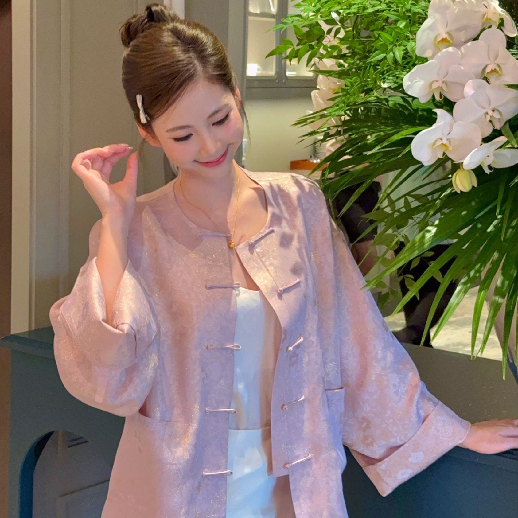 “葡萄碎冰”夏日清透紫色碎闪缠枝繁花满金花罗上衣FX0531