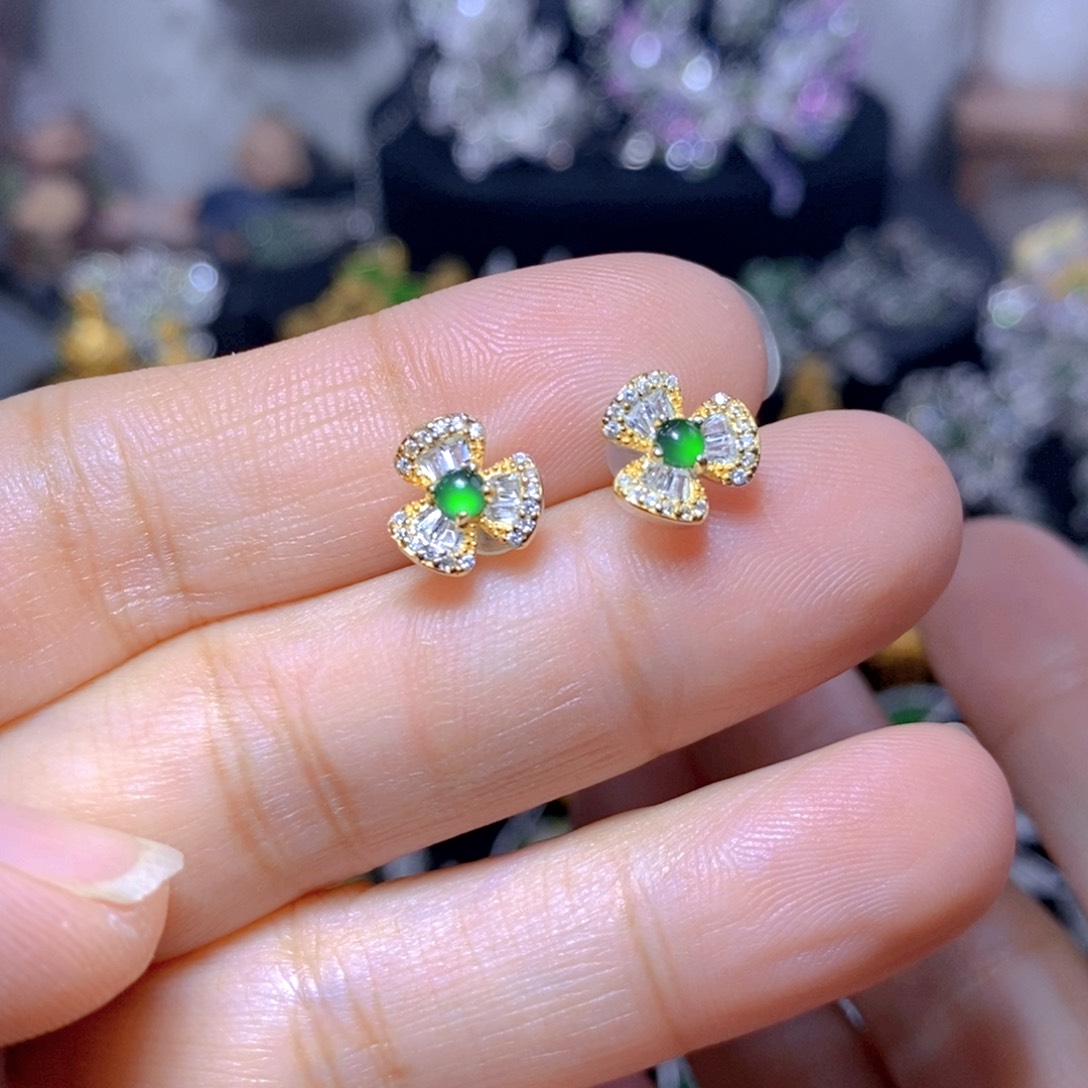 翡翠银S925镶嵌耳饰天然