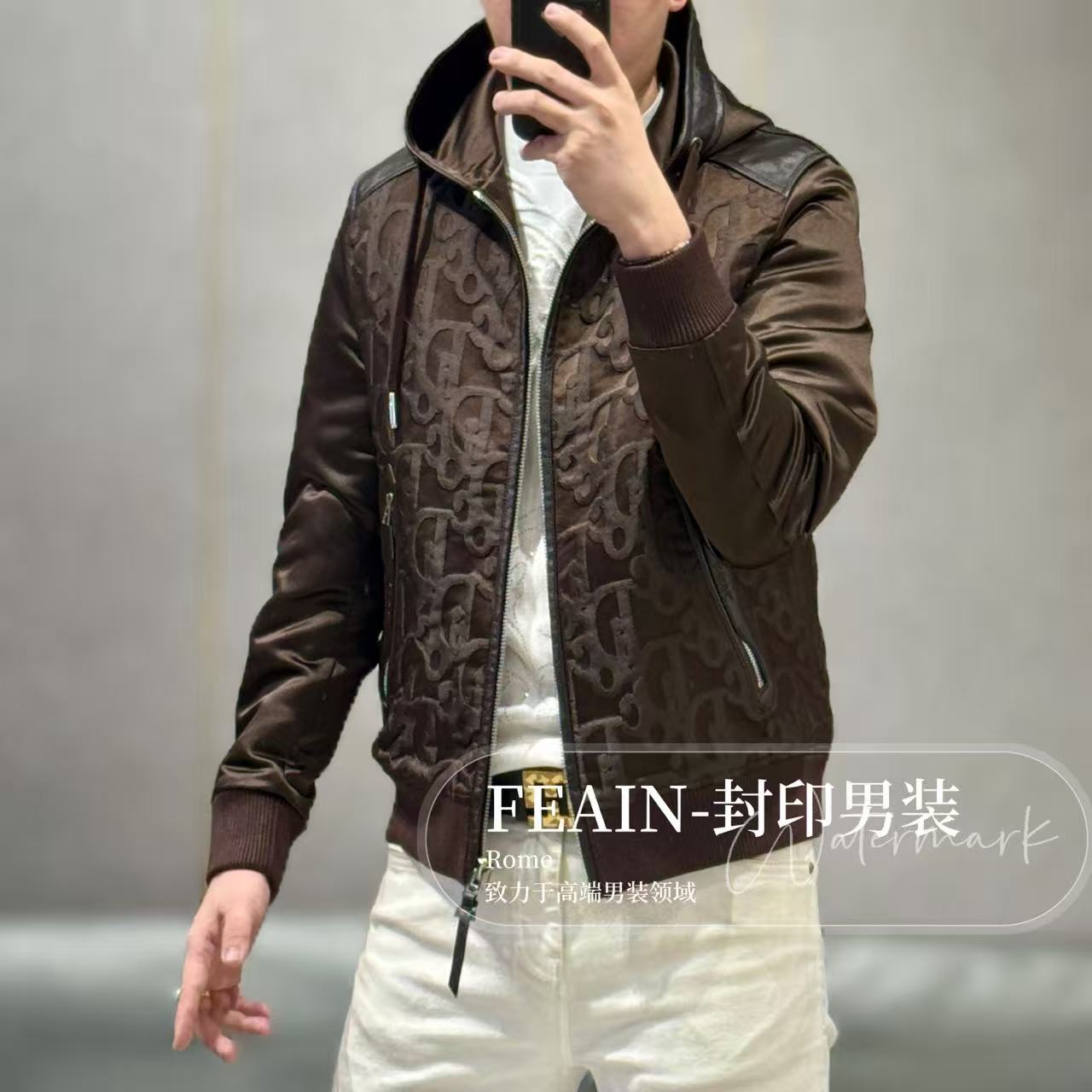 【绵羊皮醋酸】醋酸流体雕花真皮拼接工艺连帽男士夹克8119
