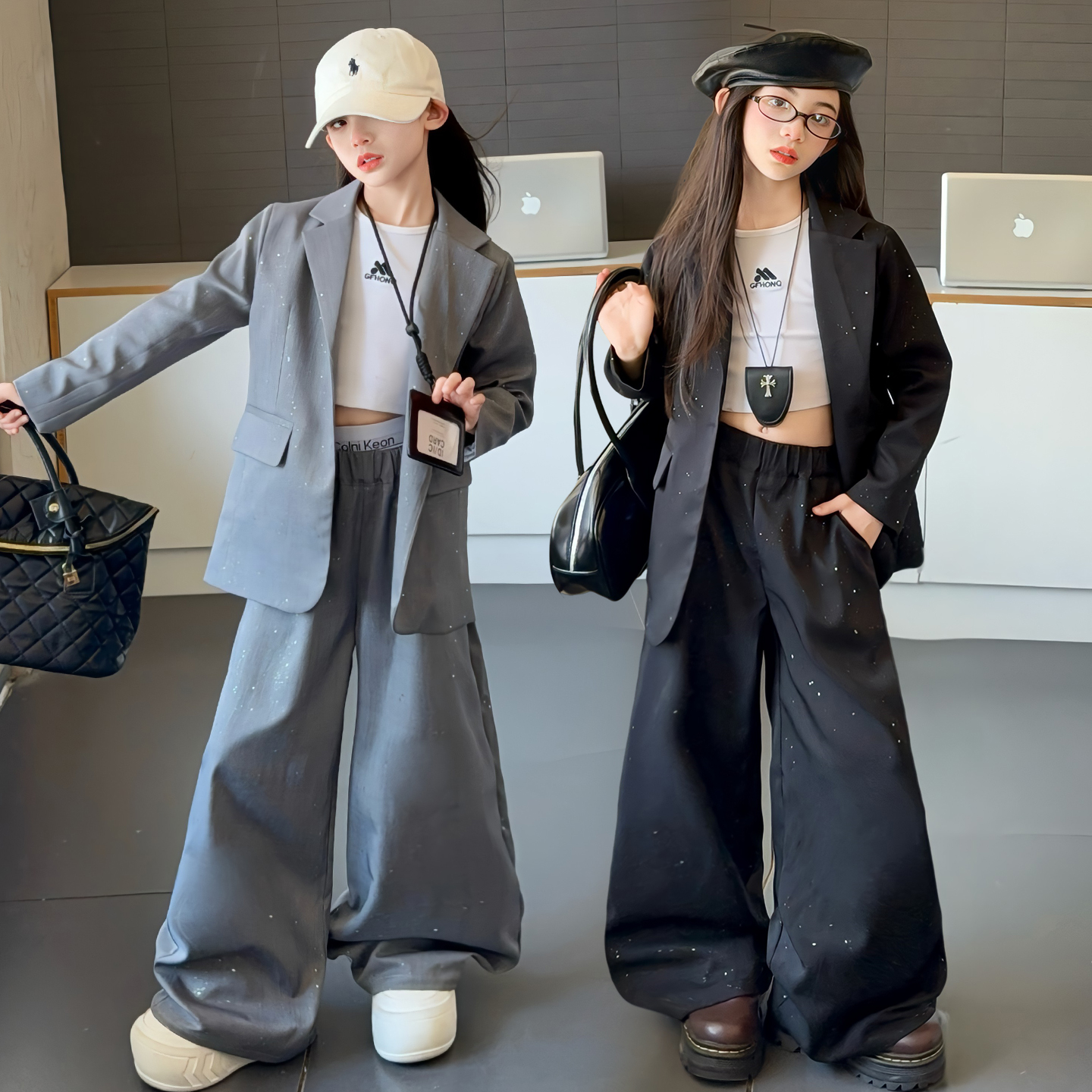 女童西装套装秋款2025女孩走秀潮酷大牌撒银西服外套阔腿裤两件套