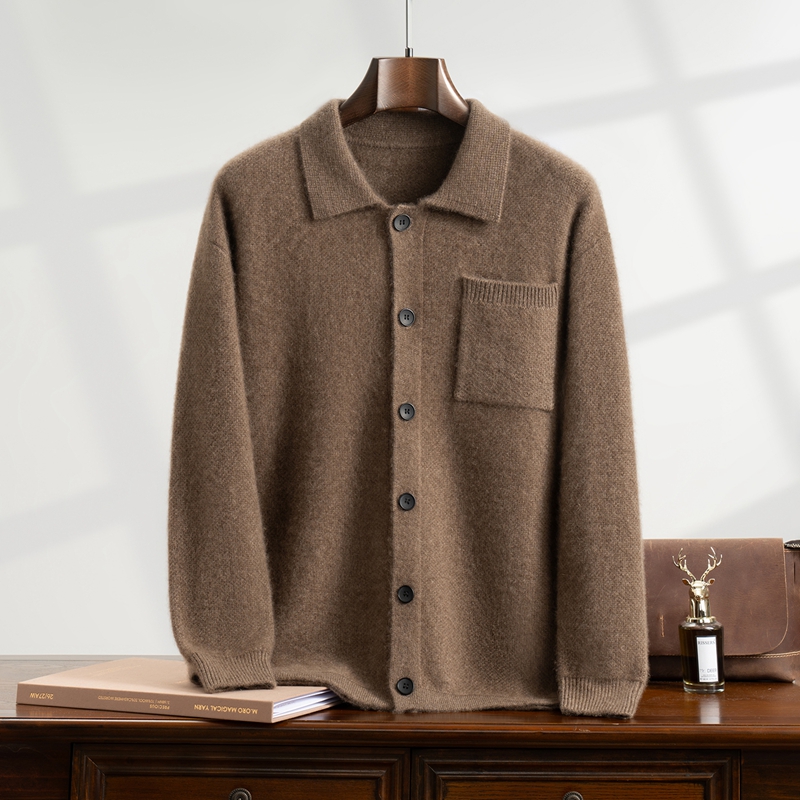 男士七针加厚100%纯山羊绒开衫商务时尚POLO领系扣针织衬衫外套