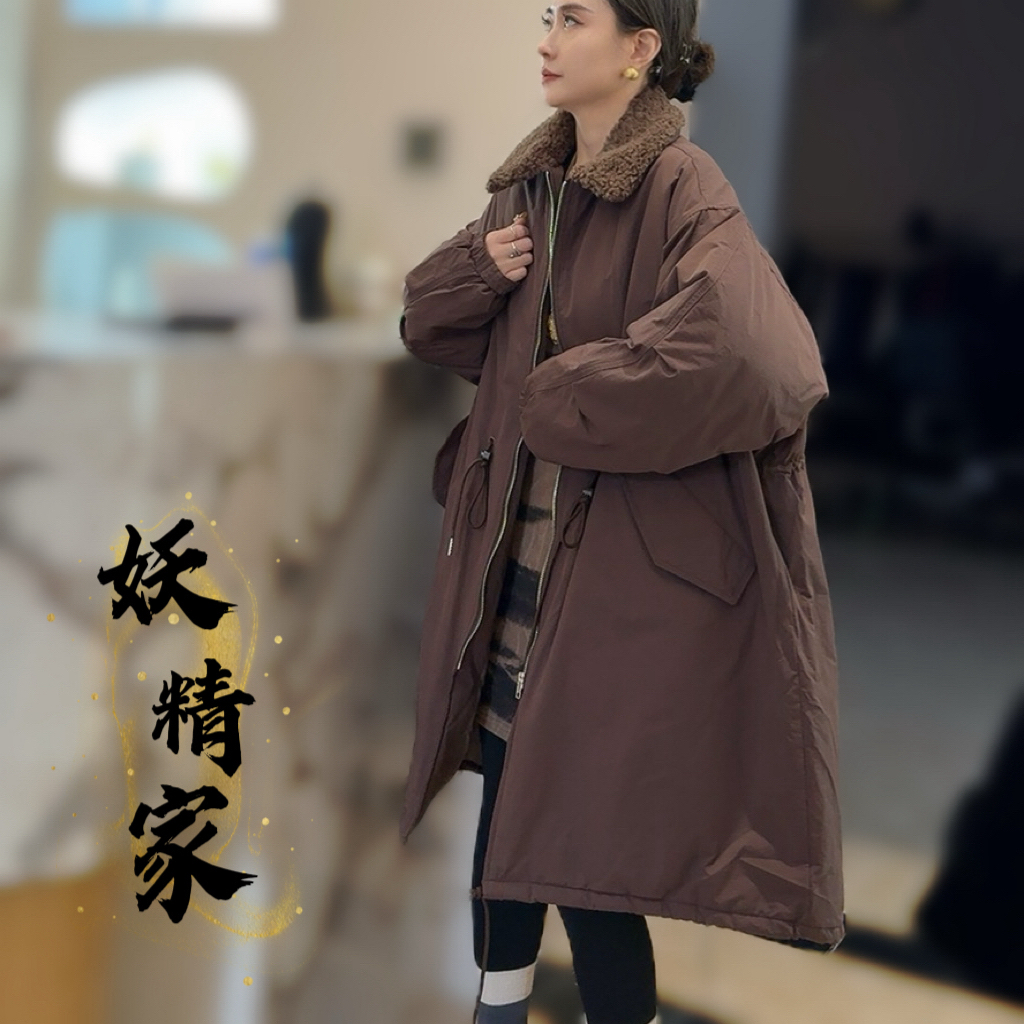 55146冬季宽松日系保暖毛领风衣棉服宽松大码工装棉衣女