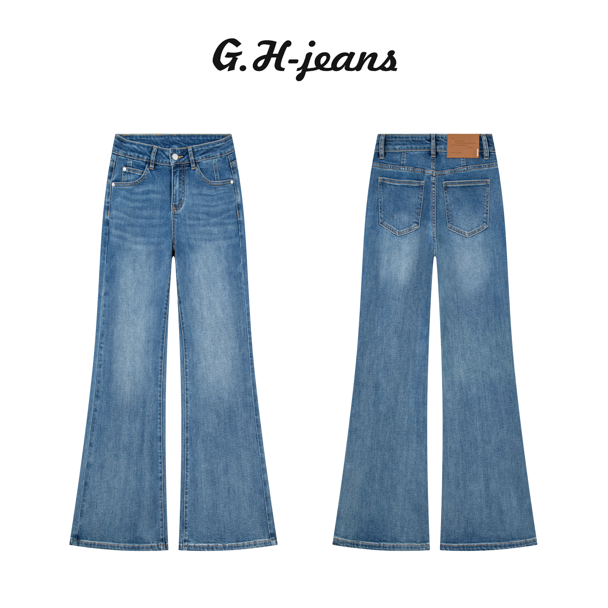 【G.H】冬季新款布鲁斯蓝时尚百搭显瘦高腰加绒加厚直筒喇叭牛仔裤