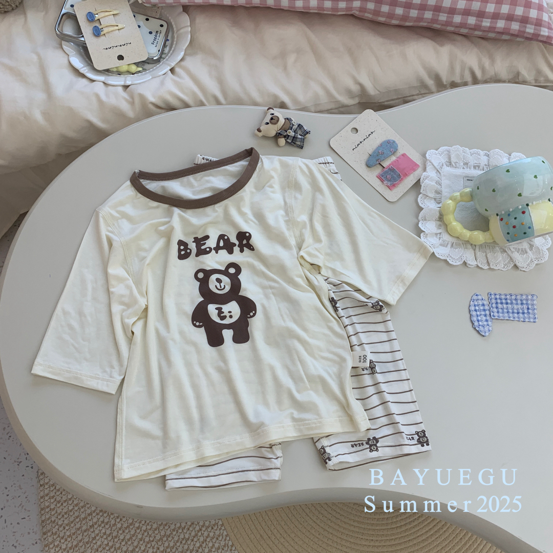 T2-5。2169 八月谷夏款儿童家居服条纹小熊套装