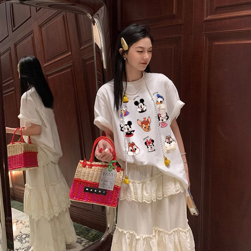 港风ins重工蕾丝米奇短袖纯棉潮牌百搭t恤上衣洋气女装出游服装女