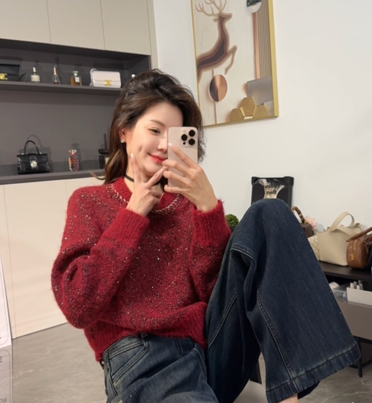 韩系高奢气质优雅领口订钻亮片针织毛衣8225