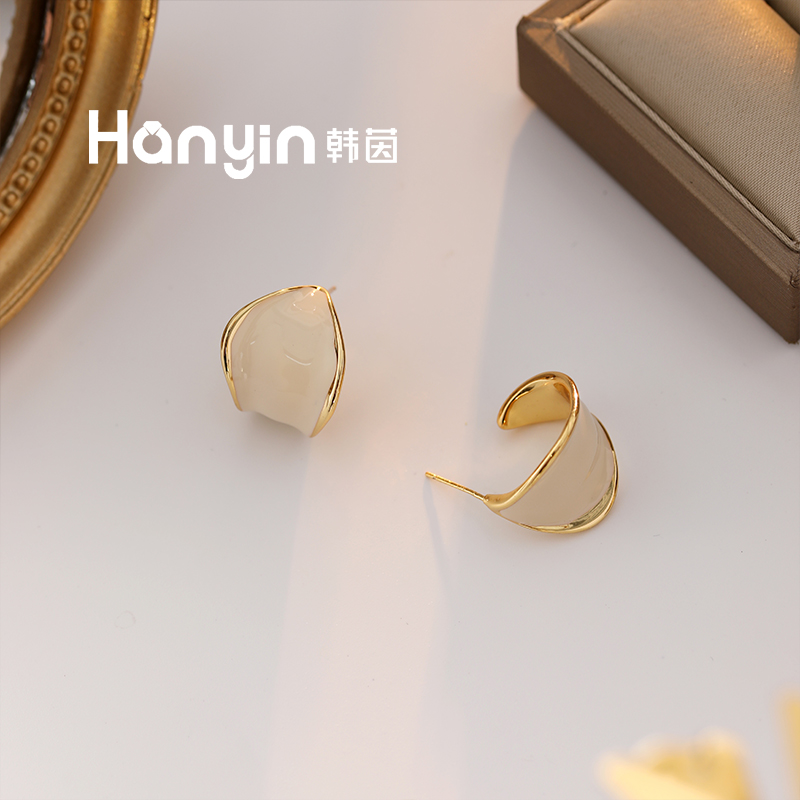 铜合金珐琅耳饰 925银针简约时尚不规则曲面C形耳钉百搭耳饰