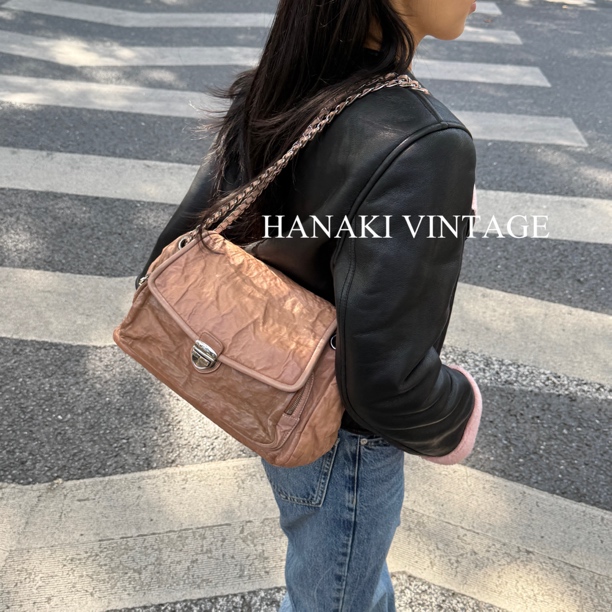 95新 Prada/普拉达 花绮中古/Prada奶茶棕猪鼻子盾牌流浪单肩包