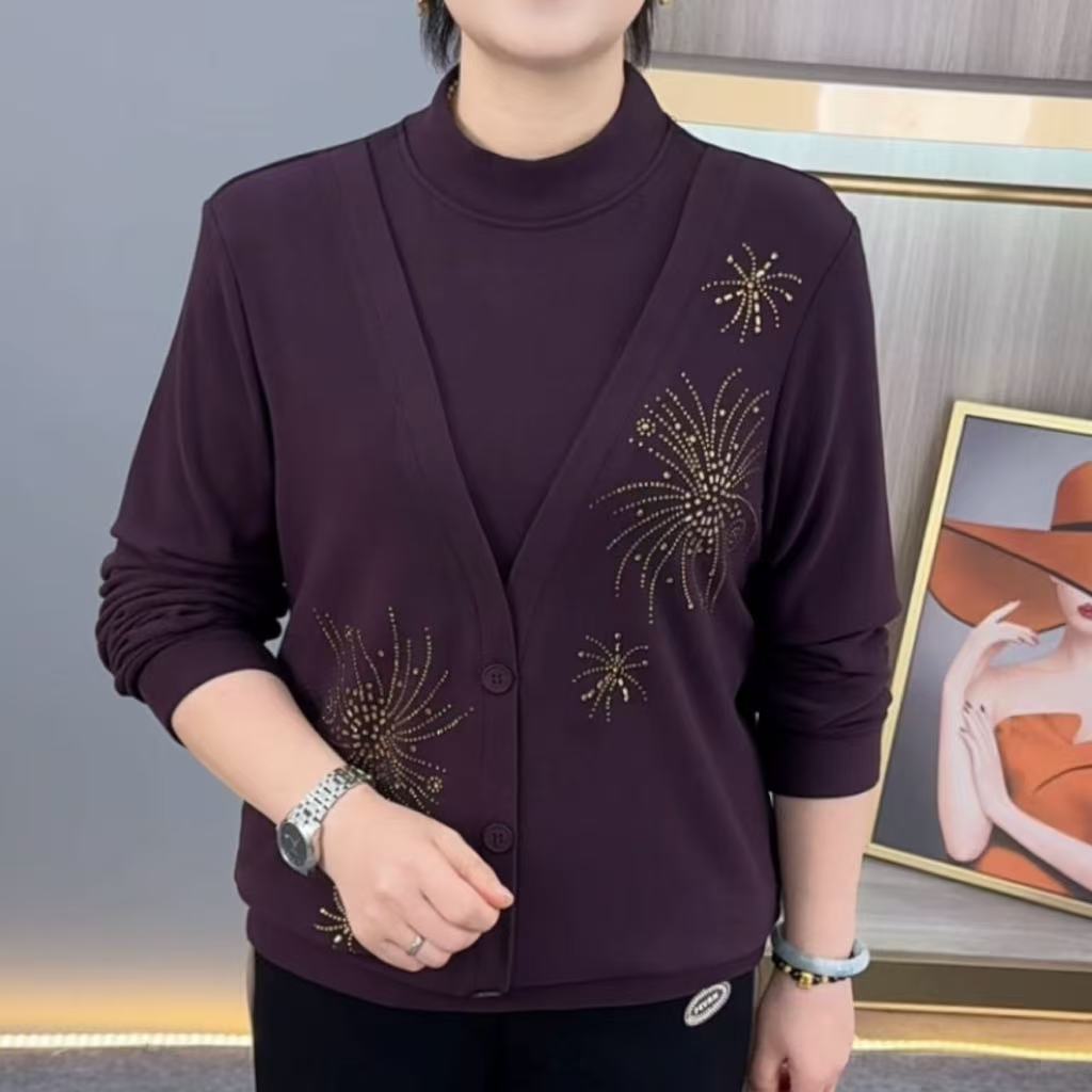 秋冬新款圆领烫钻假两件设计纯色洋气妈妈装休闲百搭上衣H1301