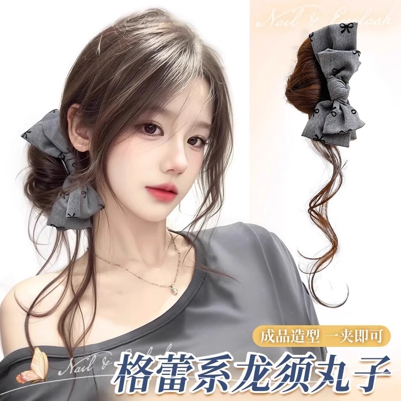 格蕾系假发女款蝴蝶结抓夹龙须丸子头ins风低扎高马尾饱满麻花辫