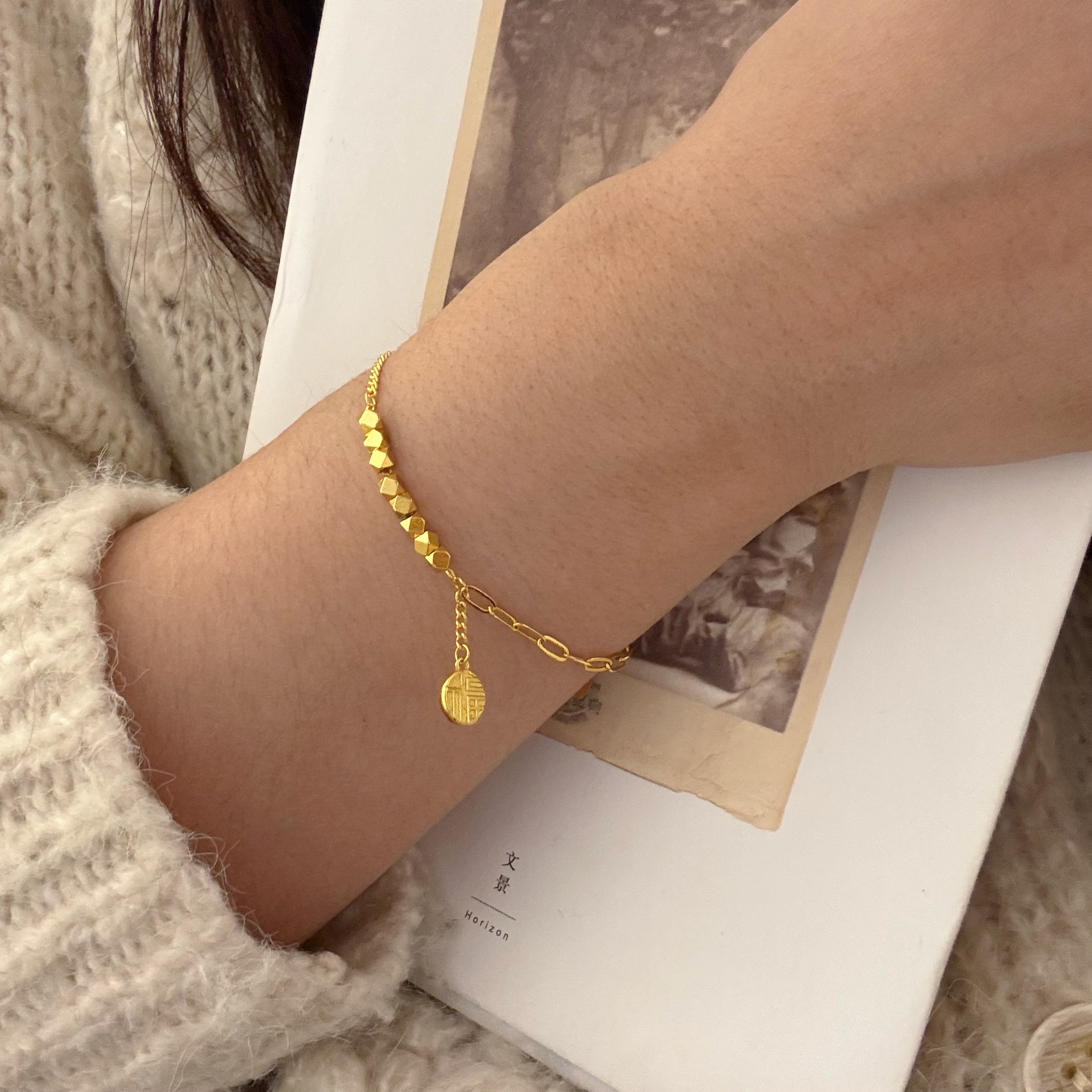 铜合金手链 碎金小福牌手链 时尚简约饰品
