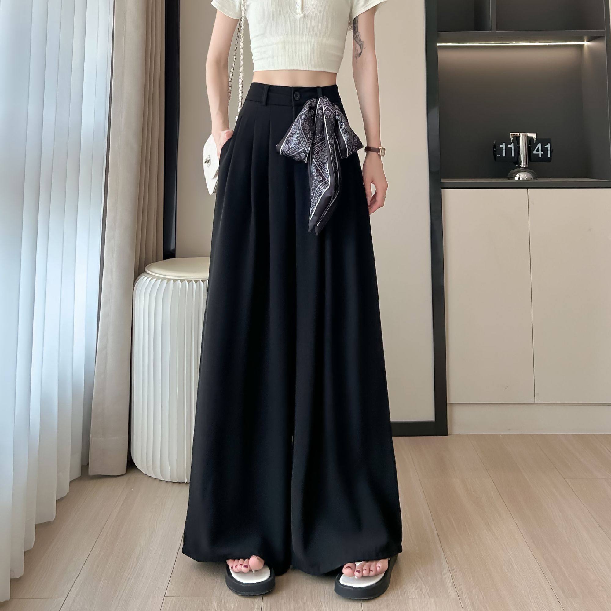 （送丝巾）慵懒风西装宽松垂感阔腿裤女夏季新款休闲裤丝巾绑带设计