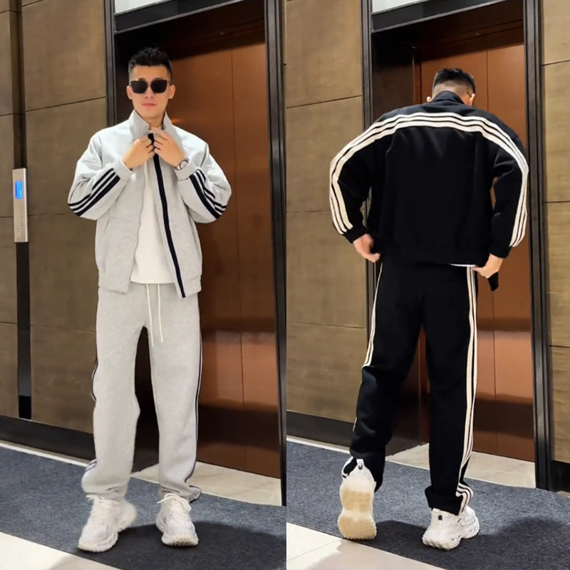 秋冬侧条纹加绒休闲运动套装男韩版百搭宽松立领外套直筒裤两件套