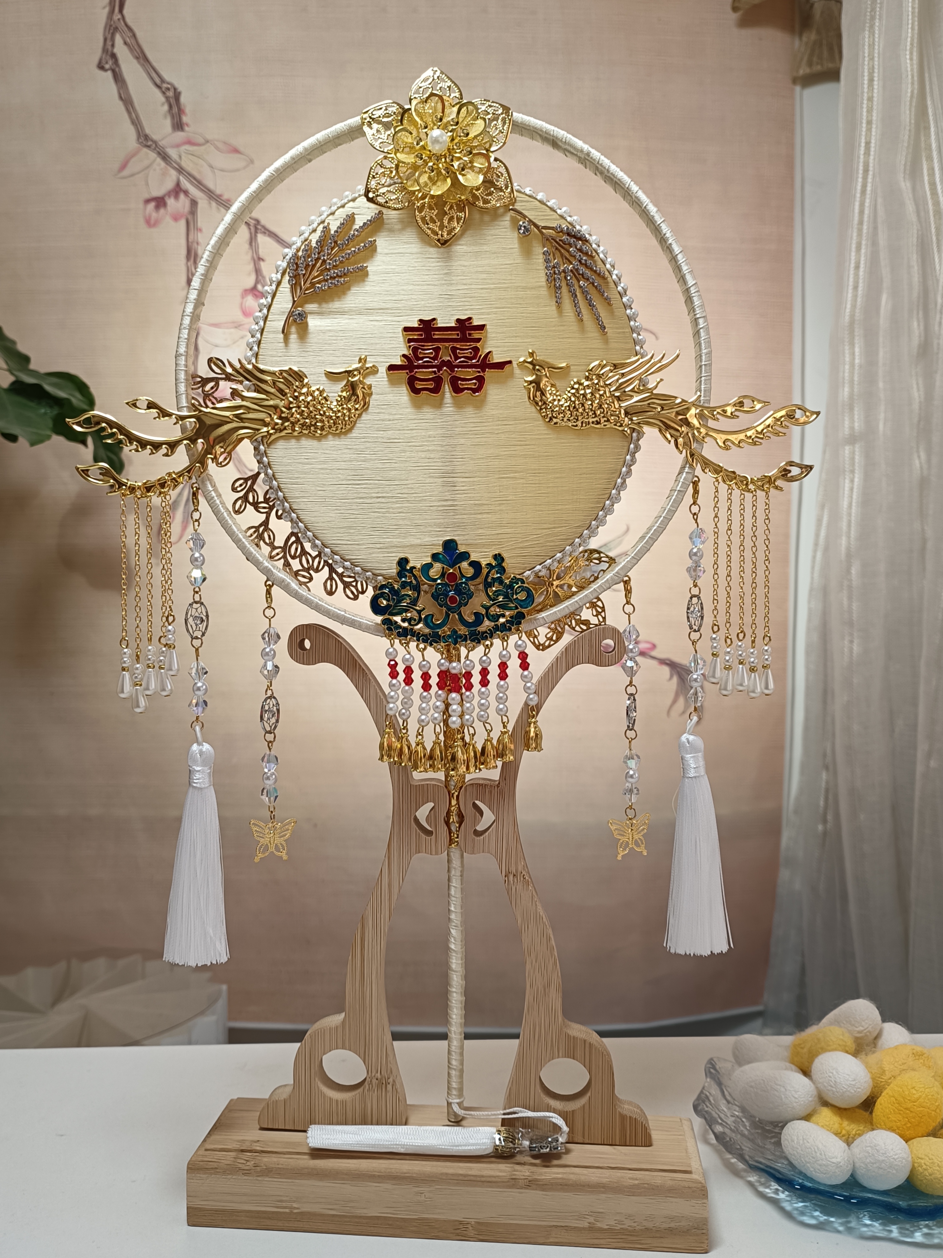 中式古典天然彩色蚕丝婚扇新娘团扇桑蚕手工非遗蚕丝扇