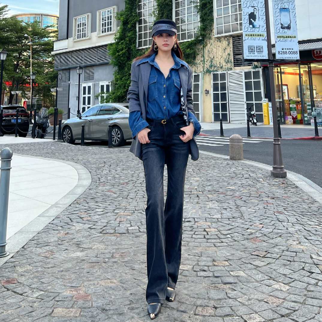 MY直筒微喇叭裤中高腰牛仔裤高个子黑色长裤秋冬季套装休闲阔腿裤