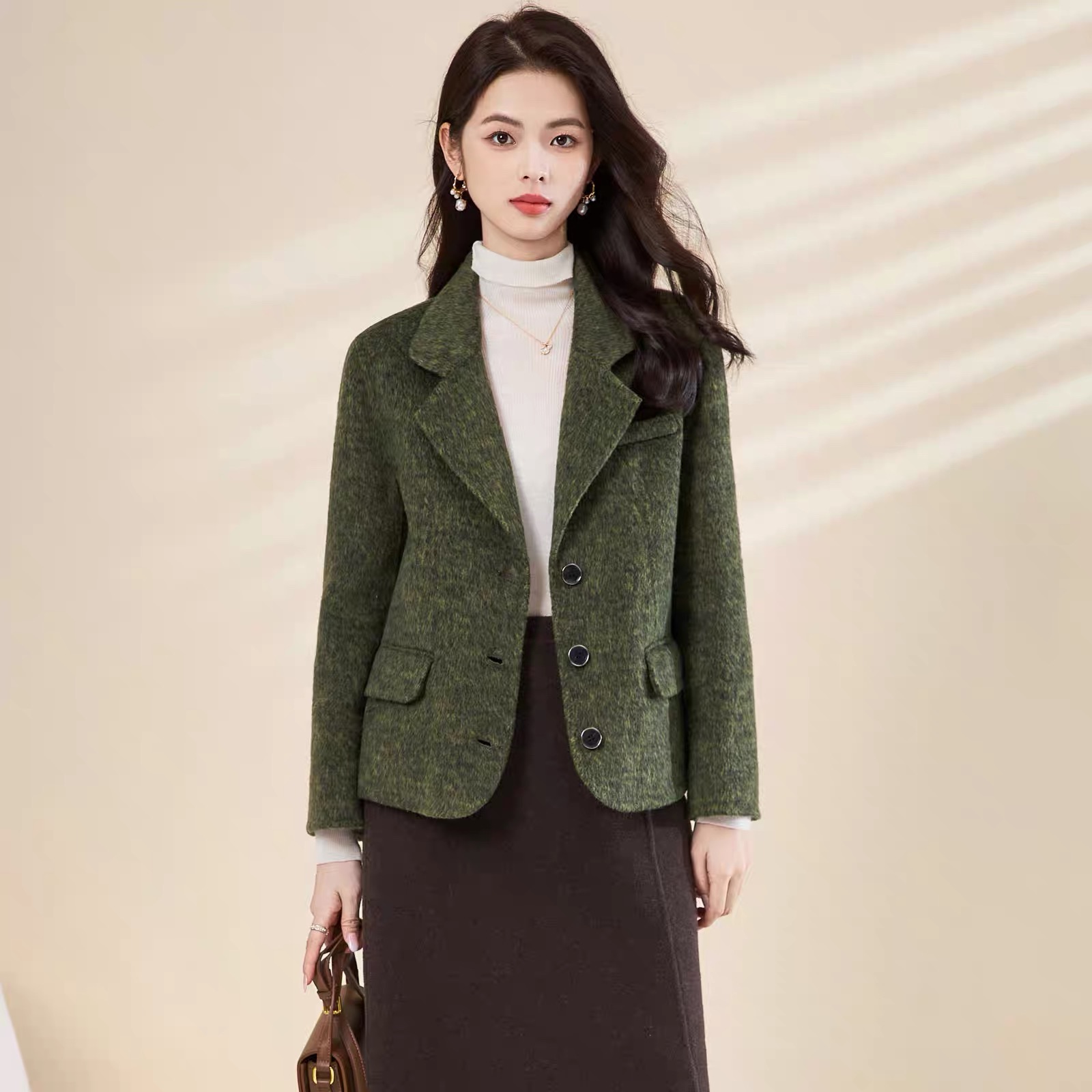 20458秋冬新款短款修身西装领加厚小个子双面羊毛外套