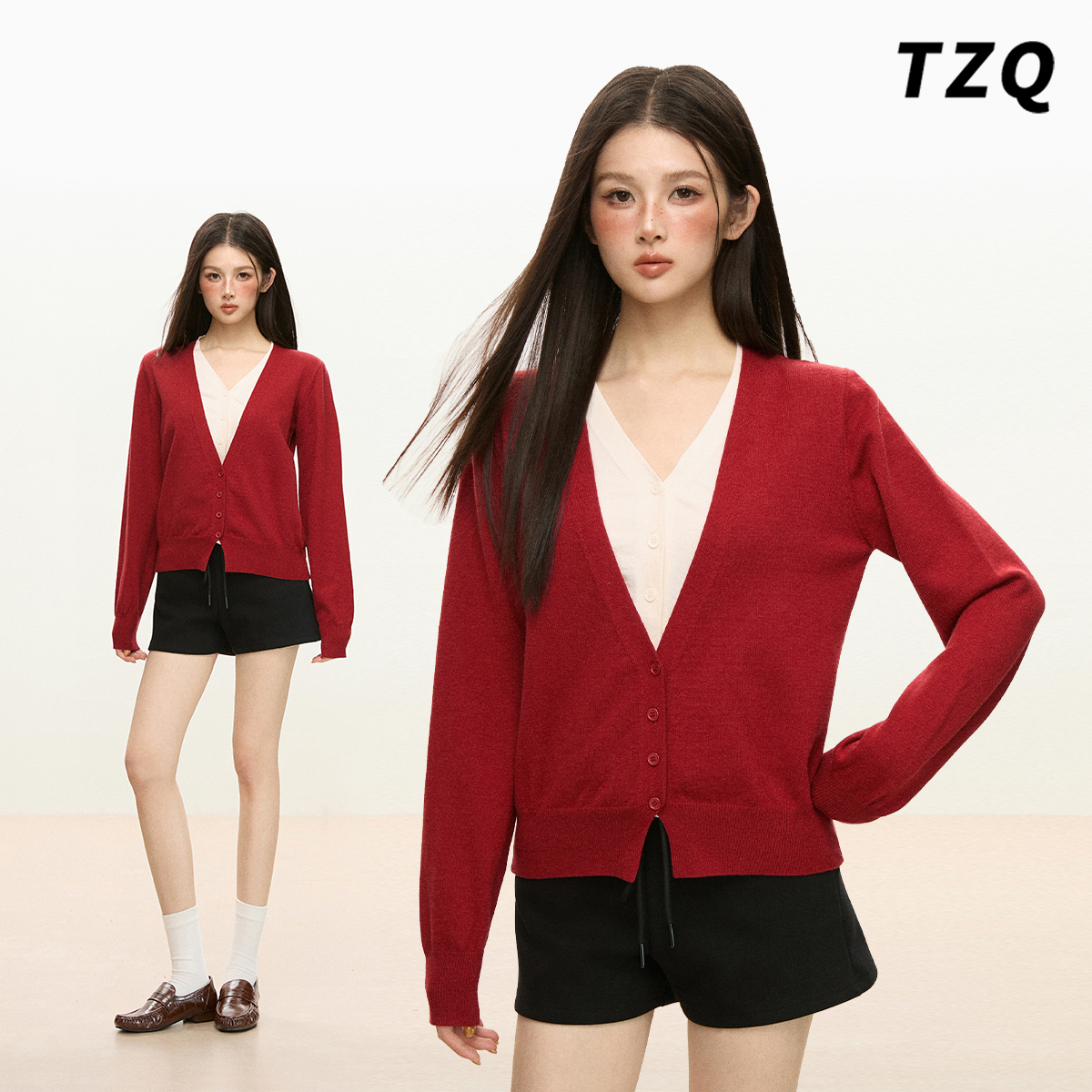 圣诞红色假两件v领长袖针织衫女秋冬短款内搭上衣外套TZQ25120526