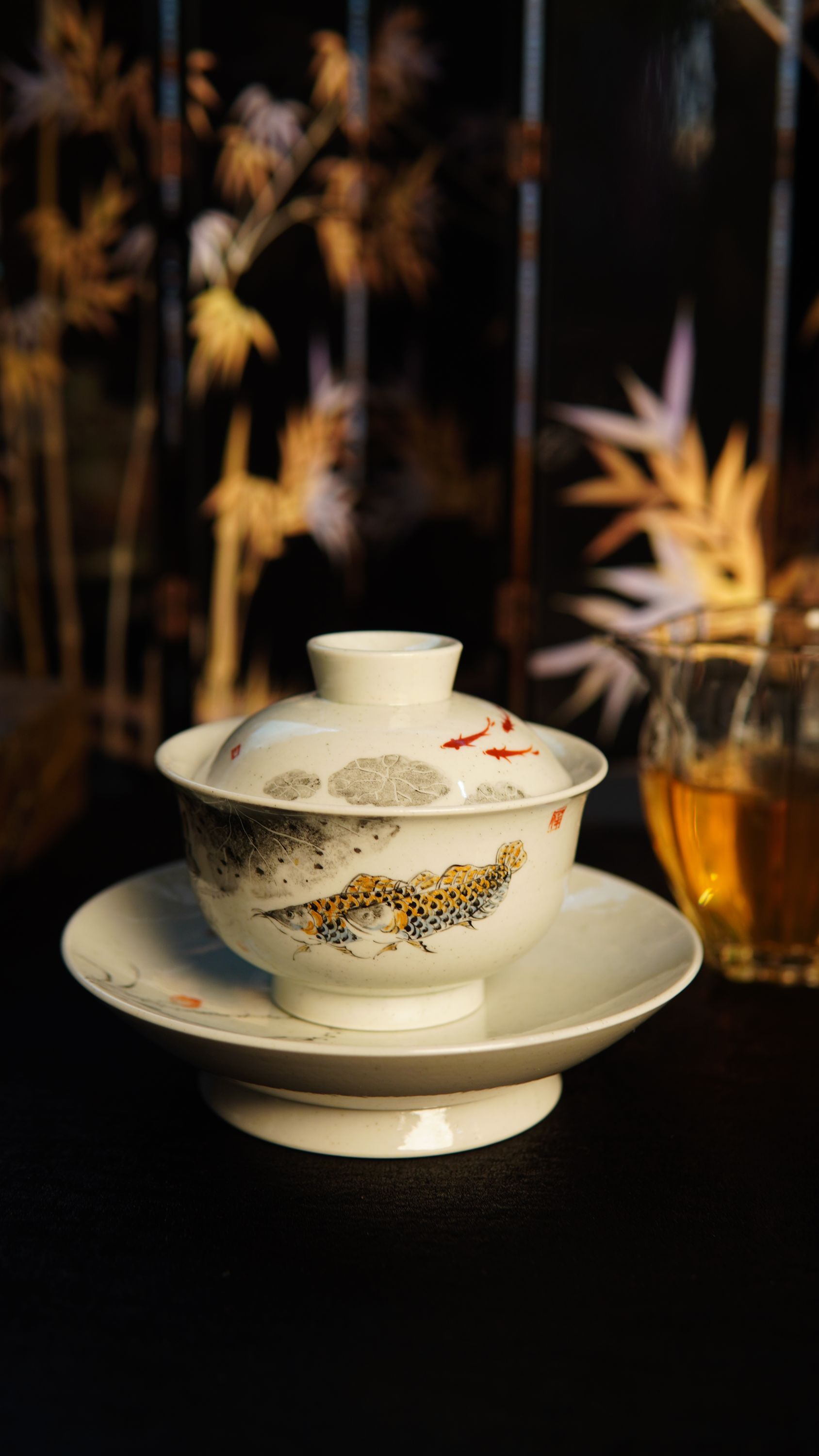 等烟雨-高颜值特色高端颜色釉金鳞系列泡茶盖碗纯手绘鳜鱼主泡器