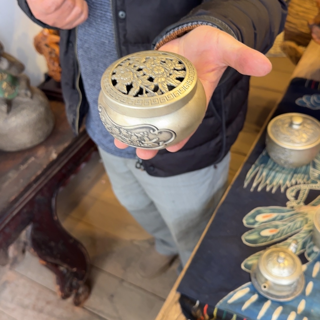 木质老物件香炉白铜