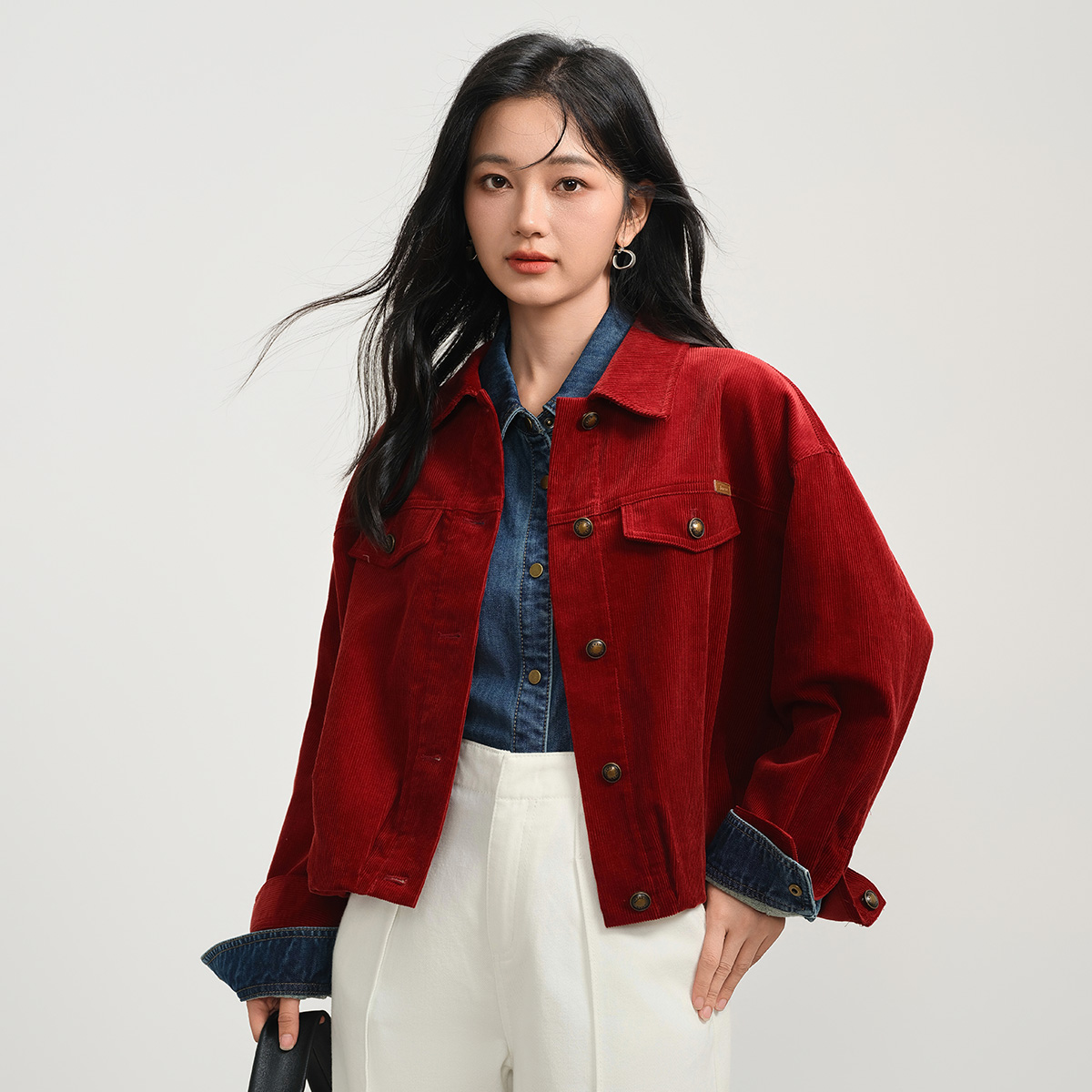 【双11提前购】茵曼秋季纯棉灯芯绒翻领外套复古百搭宽松短款外套