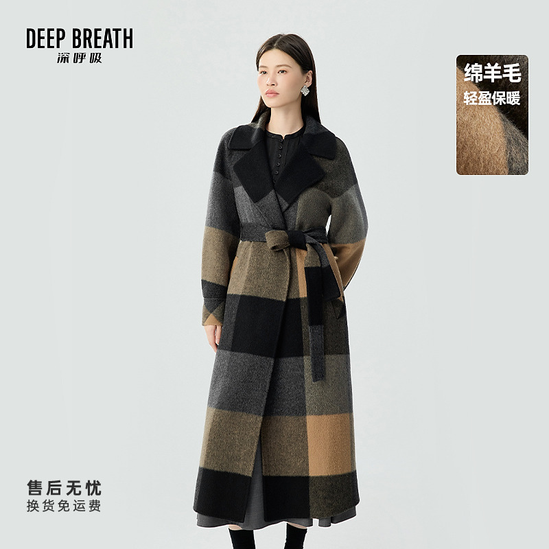 DEEP BREATH深呼吸女装新款大翻领格纹长款大衣(附腰带)A401245