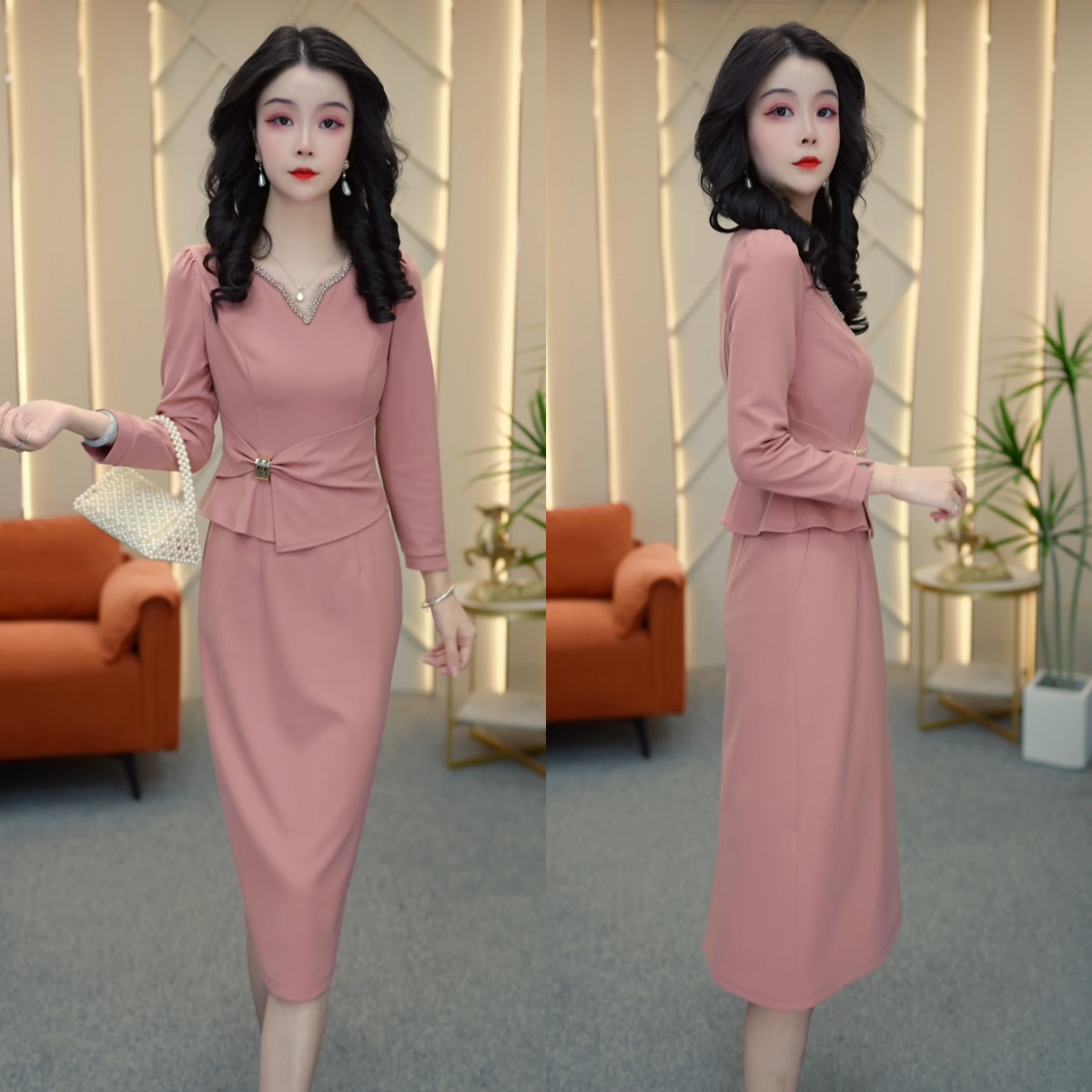 2025早秋新款减龄气质显瘦时尚洋气粉色轻奢假两件连衣裙M-4XL