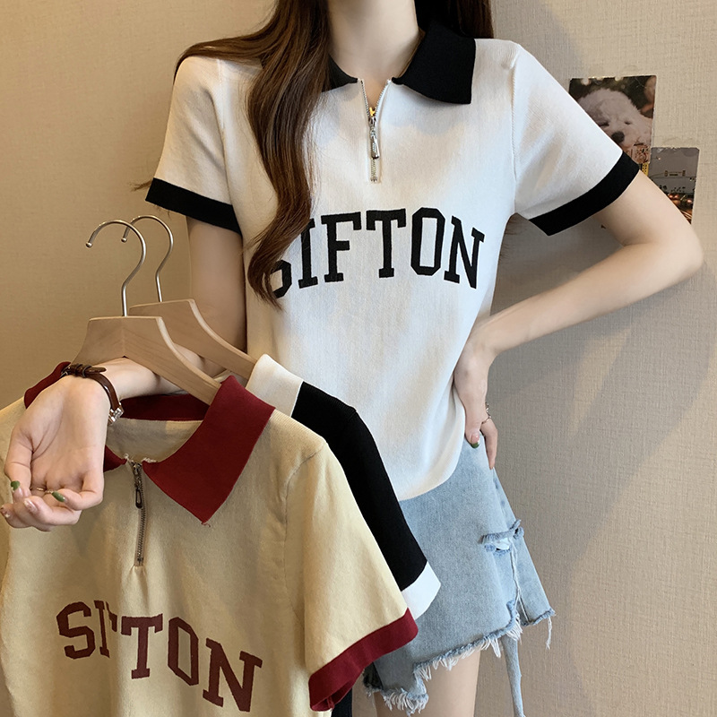 200斤大码女装冰丝针织衫Polo领半拉链夏季时尚简约提花字母短袖