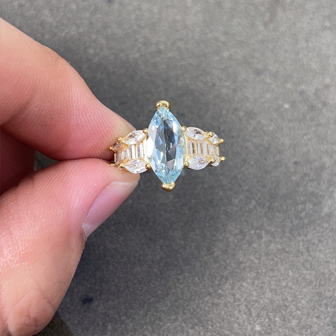 海蓝宝石戒圈银S925镀金镶嵌