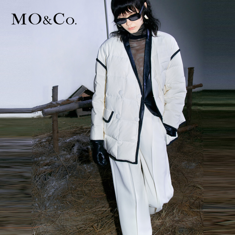 【赵老板专属】MOCO冬防寒撞边方格纹双排扣V领羽绒服MBC4EINT07