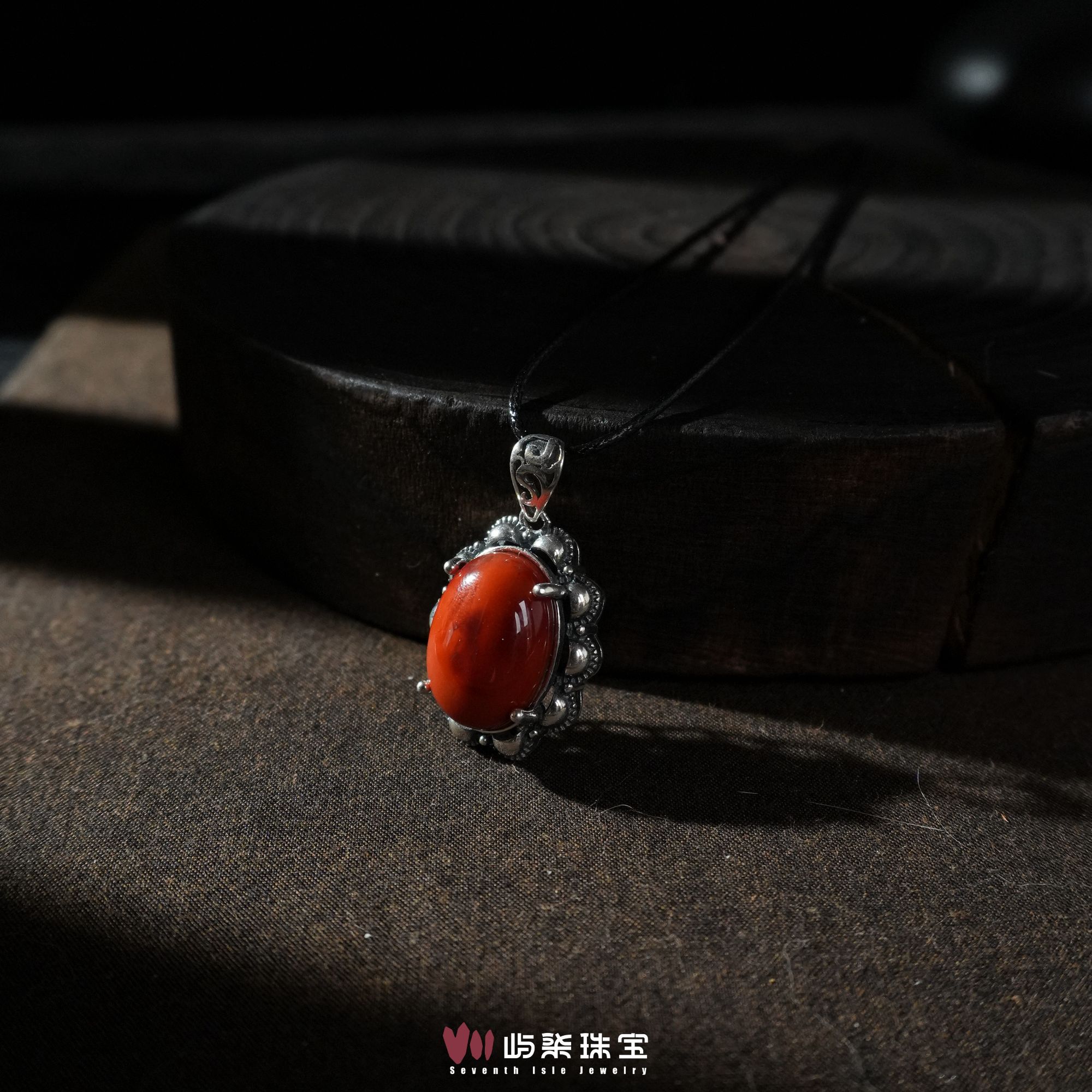 C076 玛瑙银925镶嵌 黑银花边南红17x13大蛋面吊坠多样性发一防跑