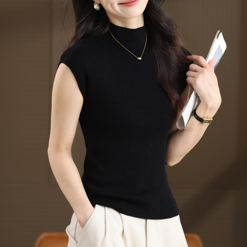 羊绒羊毛秋冬新款女士时尚显气质修身套头半高领飞机袖背心701