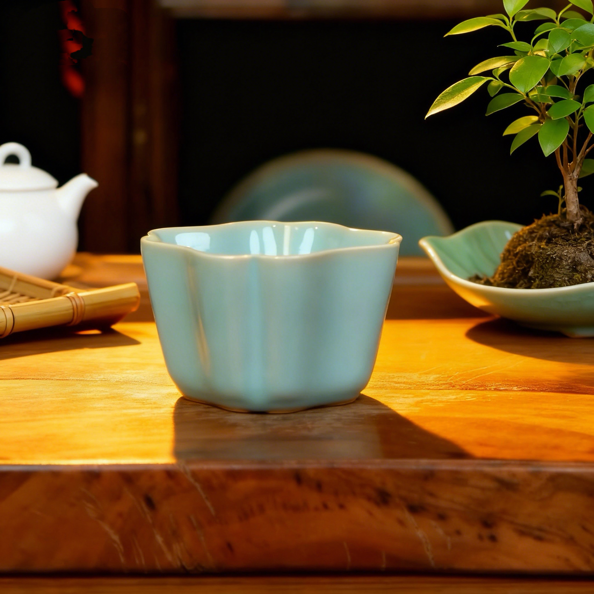 甄泽堂•四方杯原矿玛瑙釉天青色四方主人杯陶瓷茶杯中式天青釉