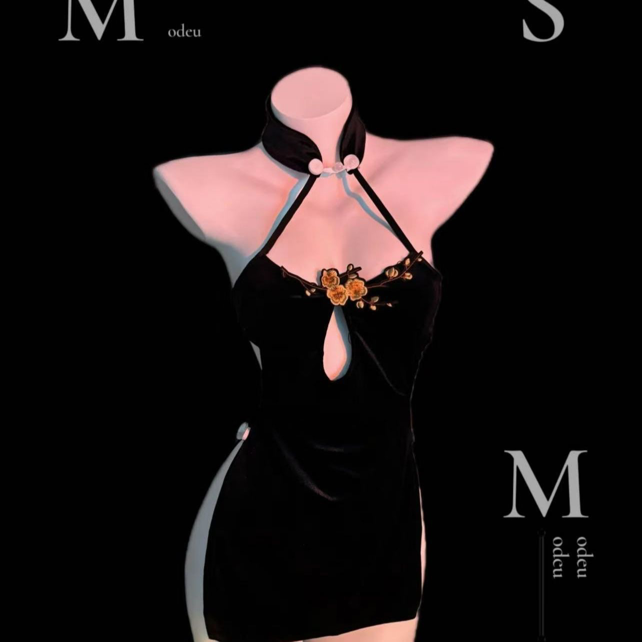 【夜趣】性感时尚古典丝绒睡裙开叉梅花刺绣高开叉旗袍小熊显大御姐