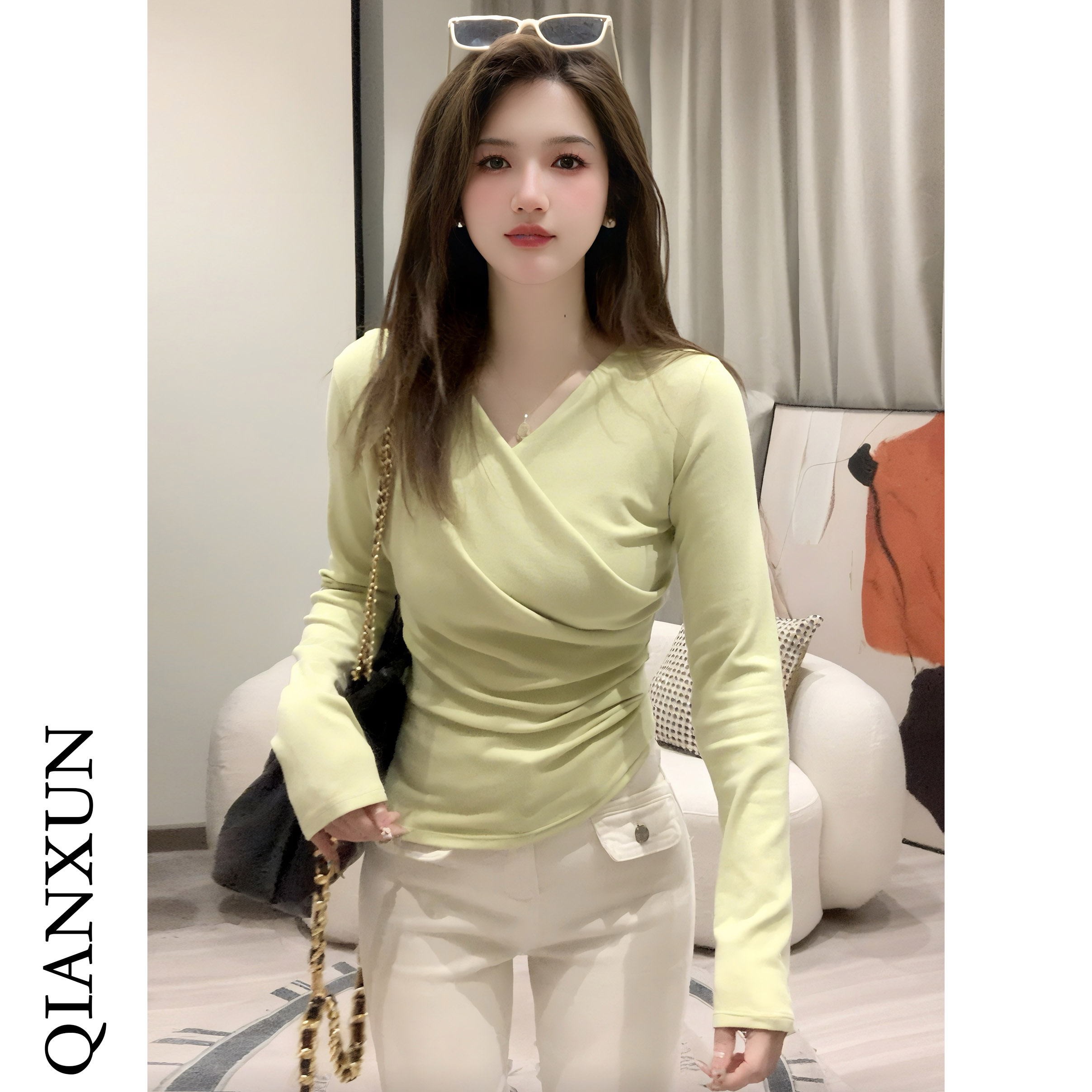 千寻家 绿色修身交叉v领腰部褶皱显瘦打底衫百搭套头长袖T上衣