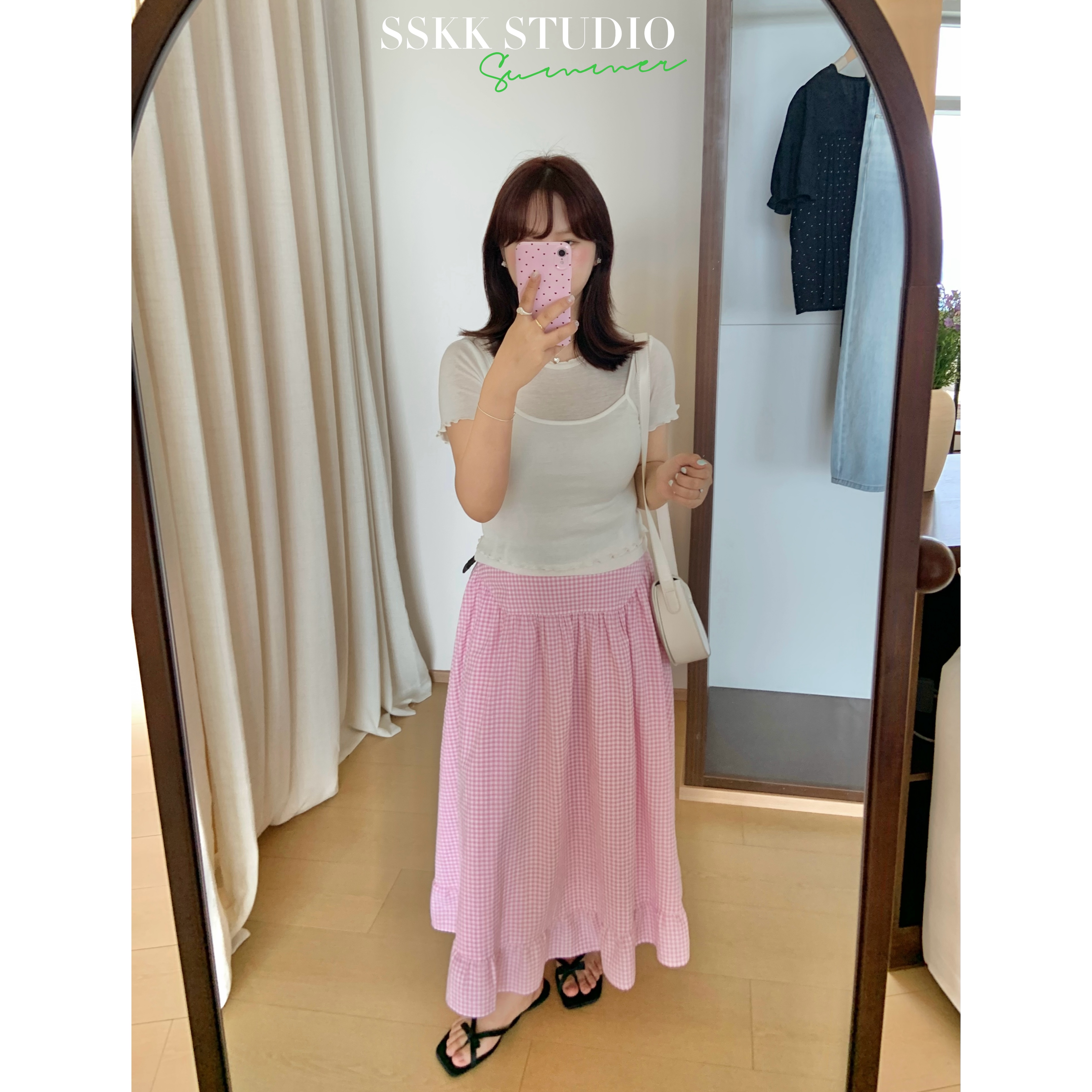 KMZY/KMZY山_山【夏日桃乐丝】微胖韩版荷叶边粉格子半身裙（带腰带）