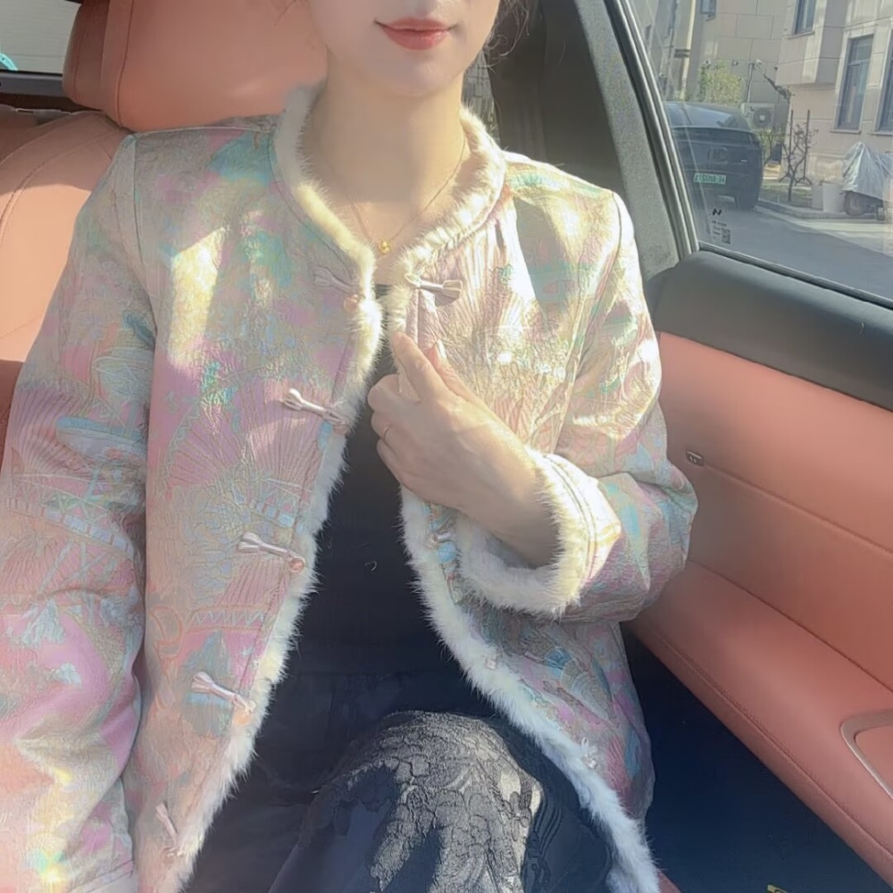 【风吟浅月】冬季新中式国风水貂毛双面双穿加绒加厚圆领女装外套