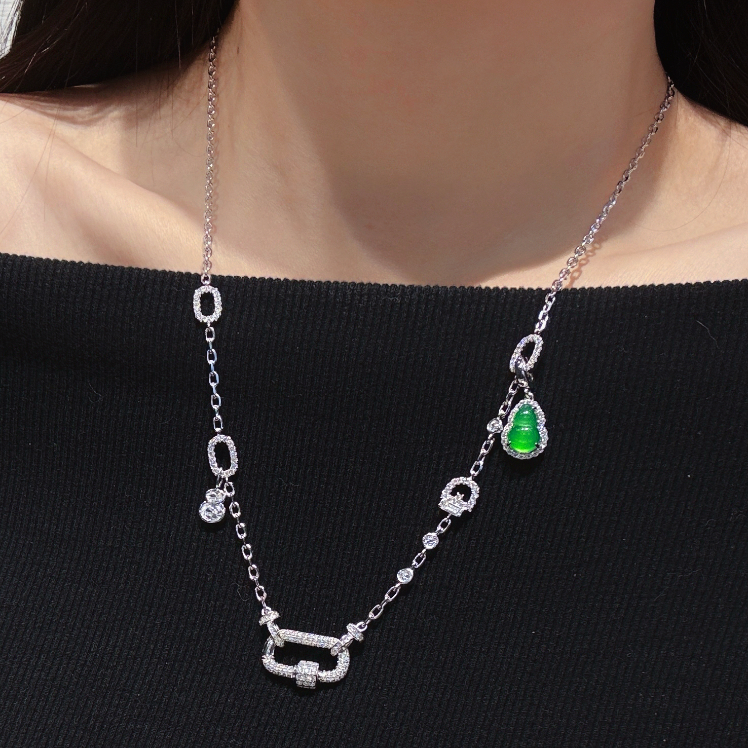 链子925银合成锆石 VS珠宝 爆火绿葫芦回形扣百搭链锁骨链项链