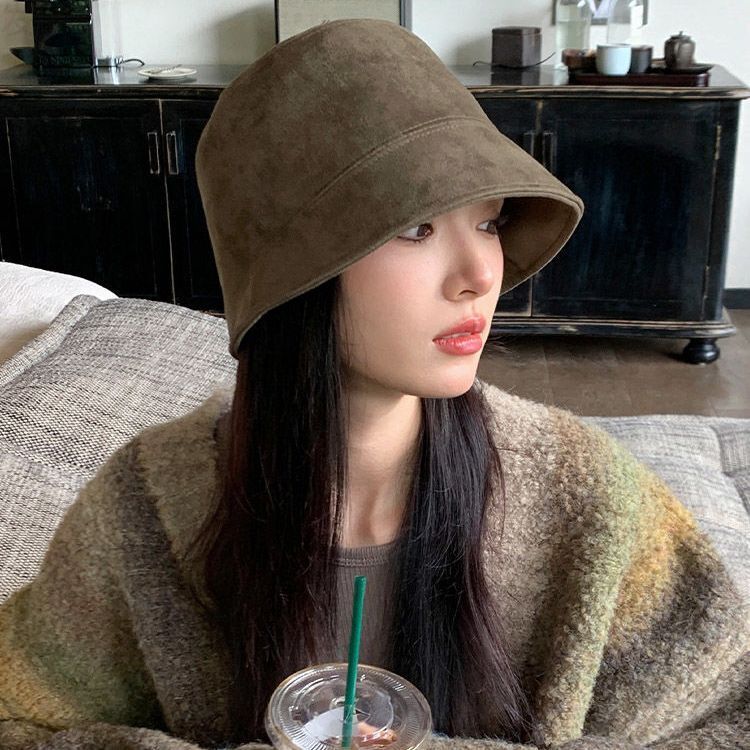 渔夫帽女春秋日系百搭麂皮绒盆帽素颜遮脸水桶帽疏离感帽子质感好