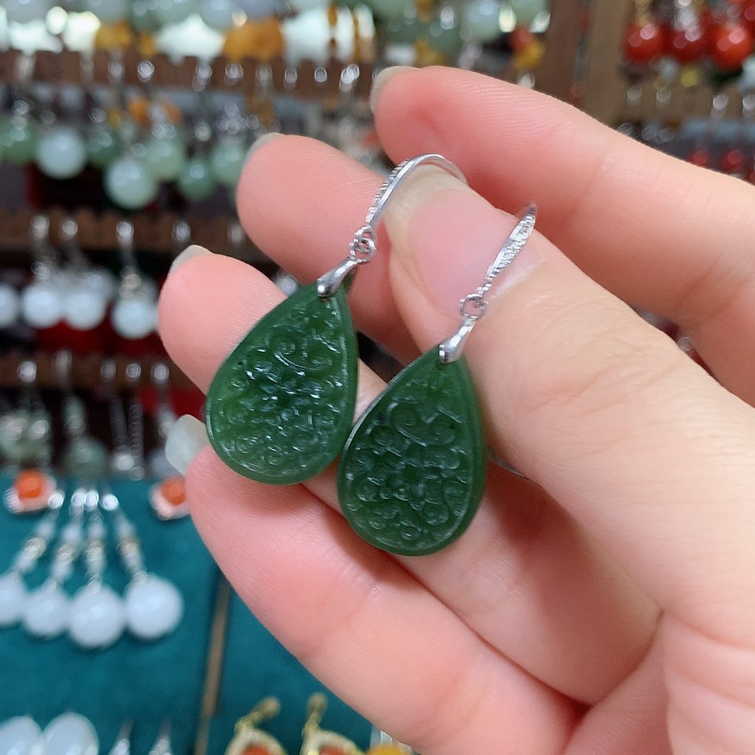 和田玉耳饰银S925镶嵌