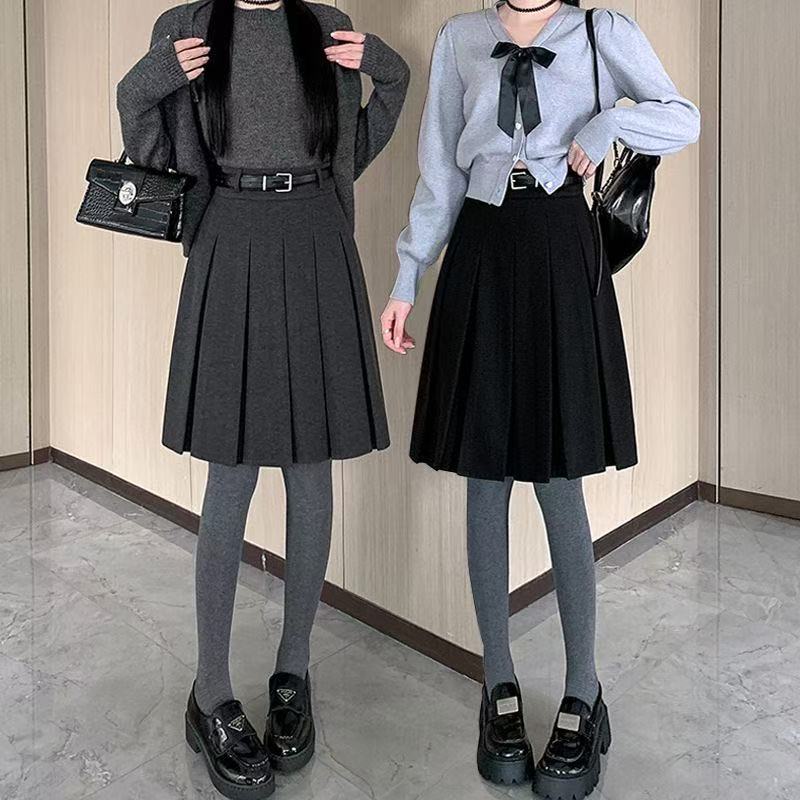 灰色毛呢百褶半身裙女2025秋冬高腰中长款显瘦a字遮跨半身裙