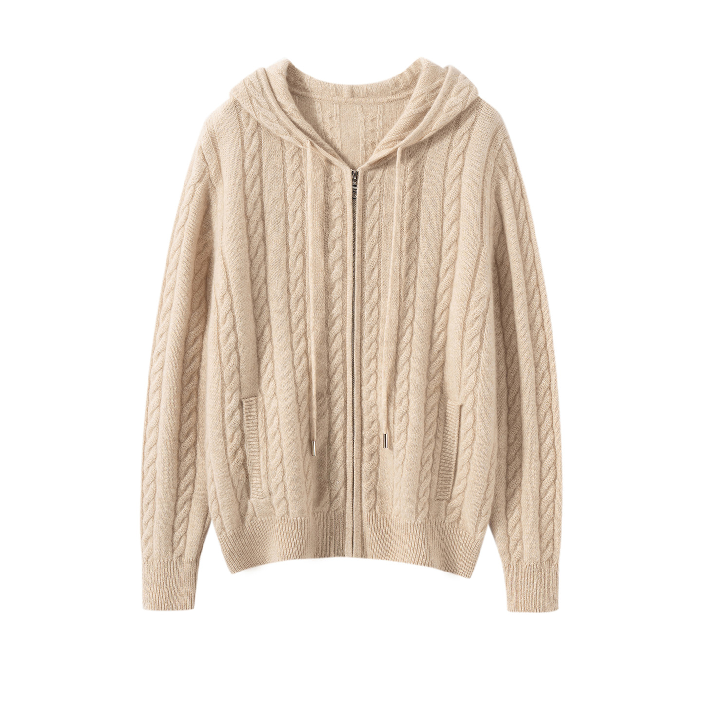 【JINXIU/巾袖】100%纯山羊绒绞花带兜连帽开衫外套2025年秋冬新款