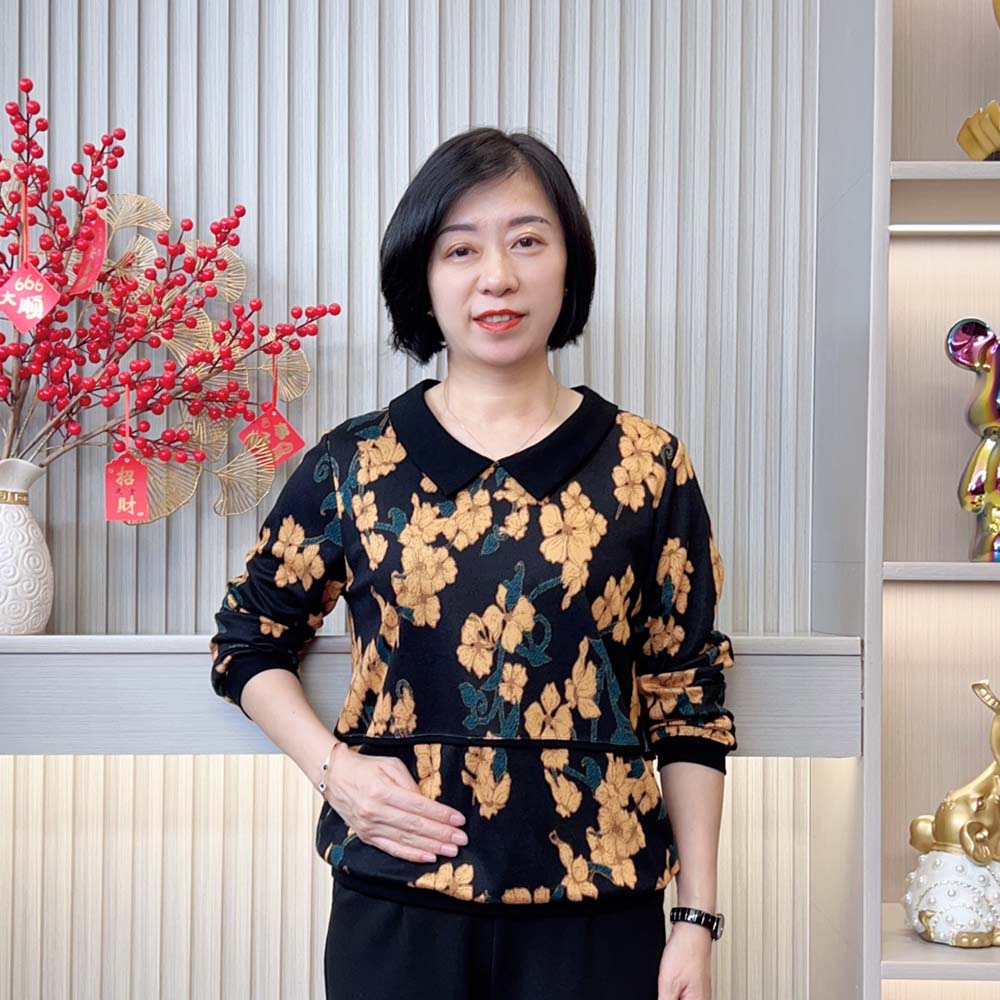 秋季新款时尚洋气减龄宽松显瘦气质翻领印花磨毛中老年妈妈装上衣