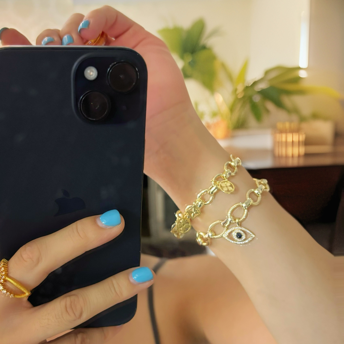 铜合金合成锆石手链 绿金色宽面百搭吊坠款个性手链5113