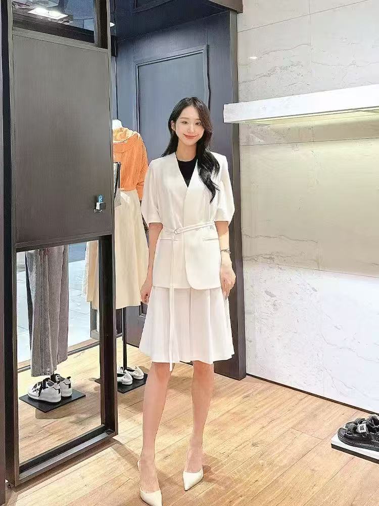 【JK3510】做旧纯色喇叭袖系带无领V领西装白色西服时尚休闲