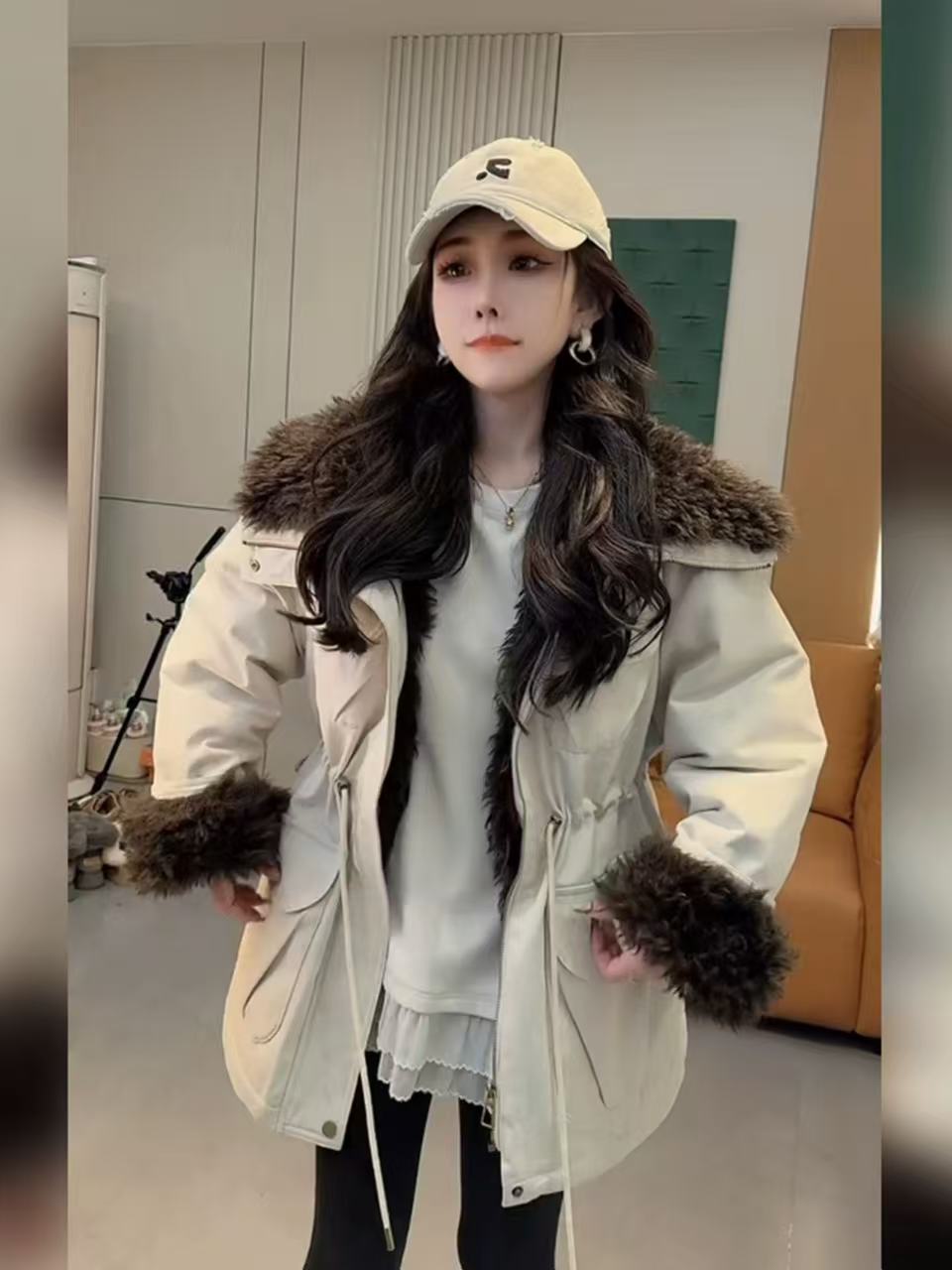 小雅姐姐 秋冬工装加绒毛毛翻领可收腰保暖外套KI67